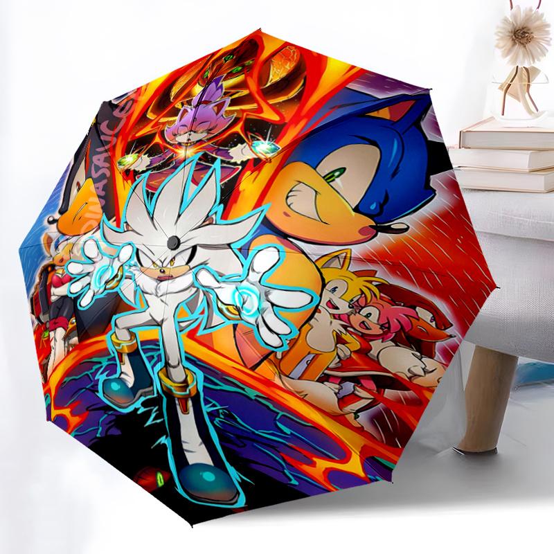 1pc The Ultimate Adventure Sonic Theme Pattern Beautiful Looking Automatic Folding Cartoon Practical Umbrella, 3 Folding, 8 Iron Frame Design, Durable