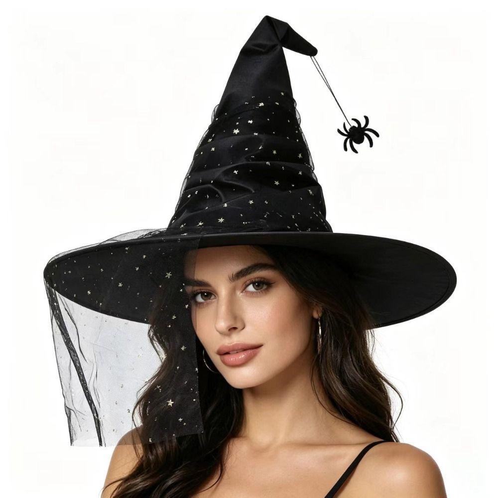Mesh Yarn Cover Halloween Witch Hat With Veil Masquerade Cap Cosplay Accessories Masquerade Ball