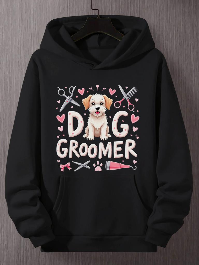 Plus Size Unisex Grooming Dog Hoodie - Casual Black Pullover with "Groomer" Graphic, Scissors & Comb Design, Long Sleeve, Non-Stretch Fabric, Loose Fi