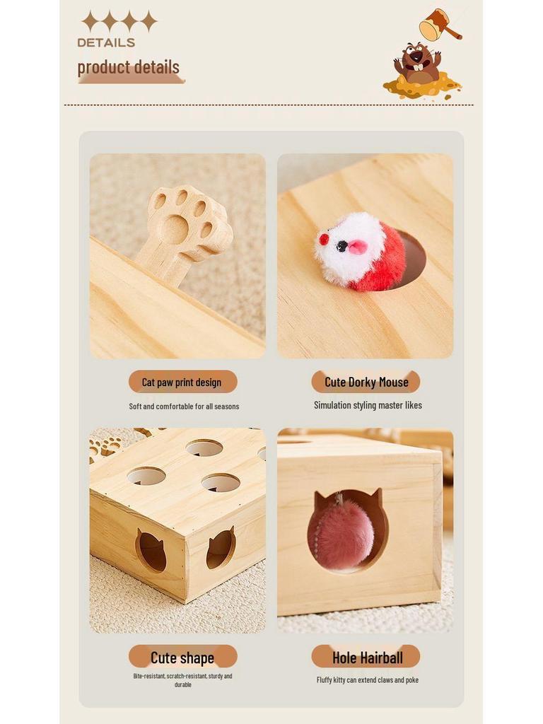 Interactive Solid Wood Cat Whack-a-Mole Toy for Pets and Children