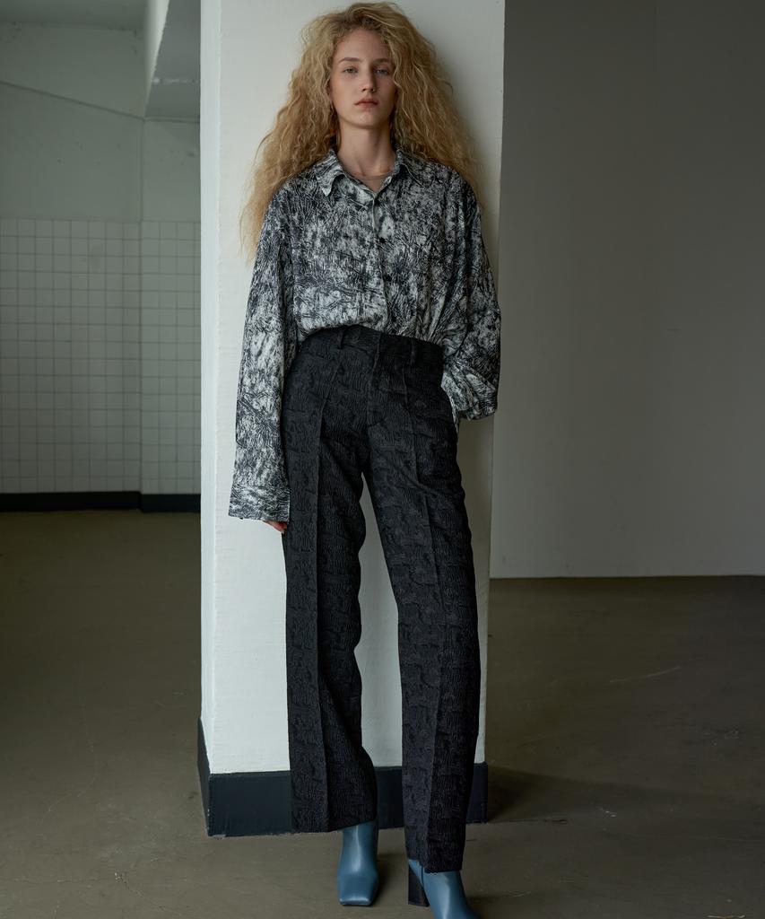 TRIP LE SENS [Belt Set] Exclusive Black Jacquard Wide Slacks_Black