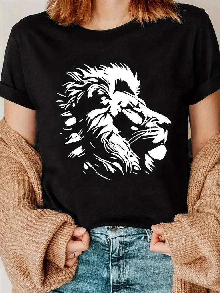 Summer Women's Casual Short Sleeve T-Shirt Vibrant Lion Geometric Print Fashion Casual Tops Tees Y2k Versatile Women's Clothes