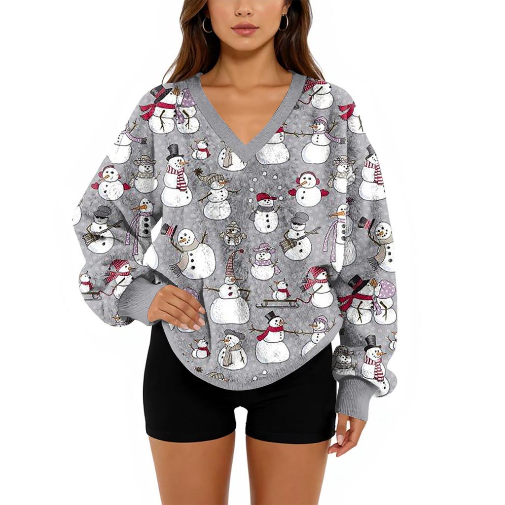 Women's V-Neck Sweatshirt Plush Solid Color Casual Fashion Long Sleeve With Pocketed Pullover Top