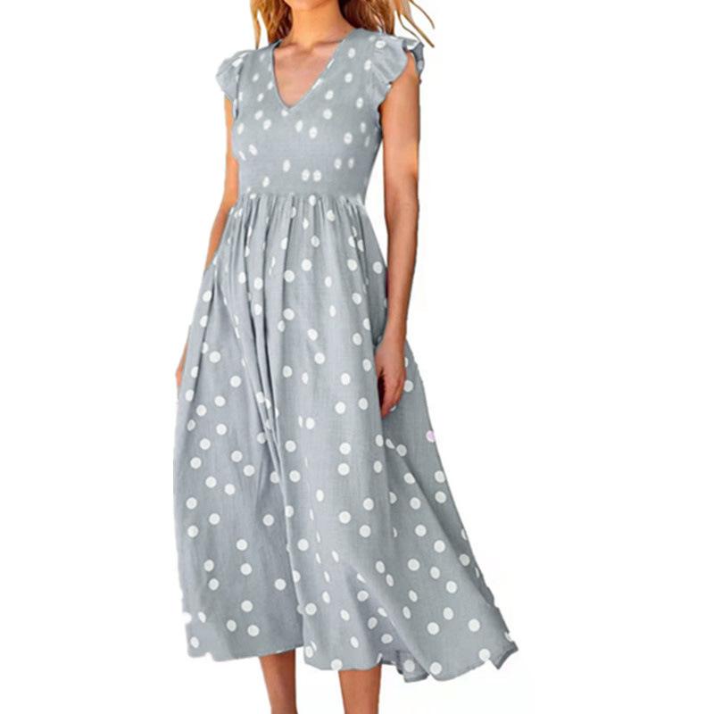 Spring and Summer New Independent Station Women's V-neck Waist Large Skirt Polka Dot Print Dress