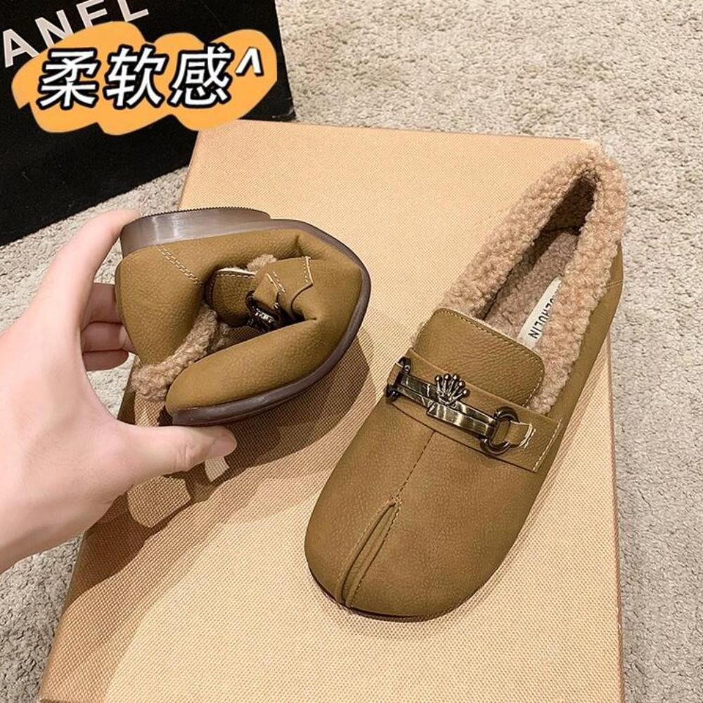 Chaussures Femme Ballerines Mocassins Fourrure Bout Rond Automne Décontracté Baskets Féminines Robe Mocassin Automne Hiver Loisirs Sangle à Boucle Flock Rubb