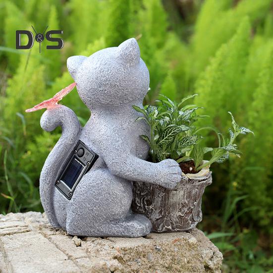 Solar Garden Blomsterpotte Kattestatue med LED-sommerfugl Vanntett Plantekrukke Kattunge Resin Figur Skulptur Utendørs veranda Hage Plendekorasjon