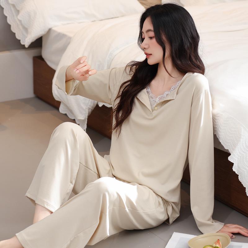 Women's Autumn Cotton Pajama Set with Chest Pad - Long Sleeve, Long Pants, Sporty Outdoor Homewear
