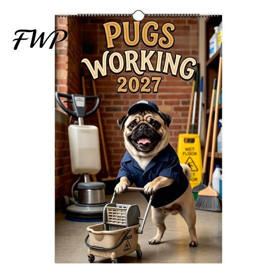 Dog Themed Planner 2027 Pugs Working Wall Calendar, Funny Hanging Humorous Pet Poster 12 Monthly with Unique Illustrations for Home Office Decor Year