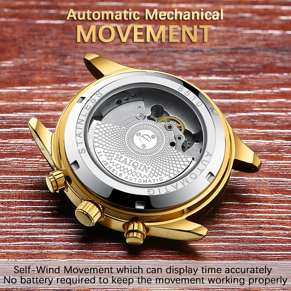 HAIQIN Pánské hodinky pro volný čas Kožené mechanické hodinky Pánské automatické hodinky Tourbillon