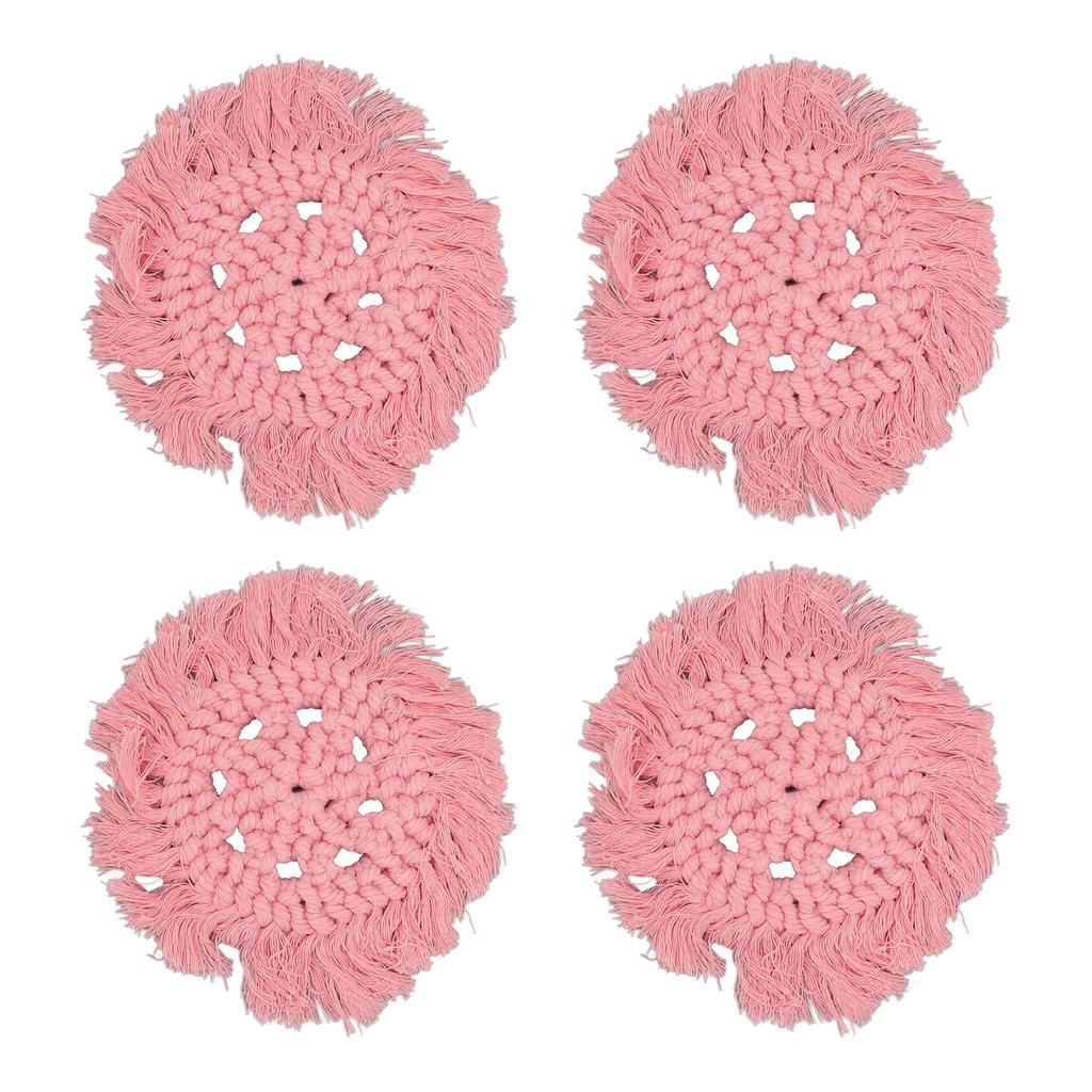 4pcs Cotton Thread Woven Drink Coasters with Tassel Round Pure Color Elegant Lipstick Pot Pads Mats