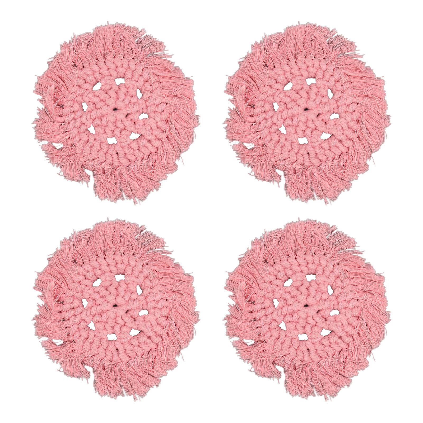 

4pcs Cotton Thread Woven Drink Coasters with Tassel Round Pure Color Elegant Lipstick Pot Pads Mats