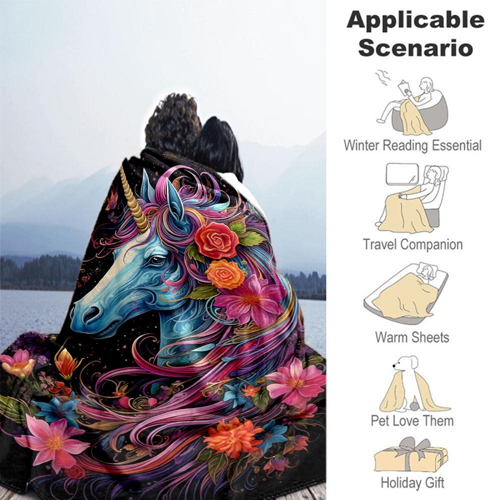 1pc Unicorn Flowers Flannel Blanket, Comfortable and Warm Blanket, for Camping Sofa Bed and Couch Office006