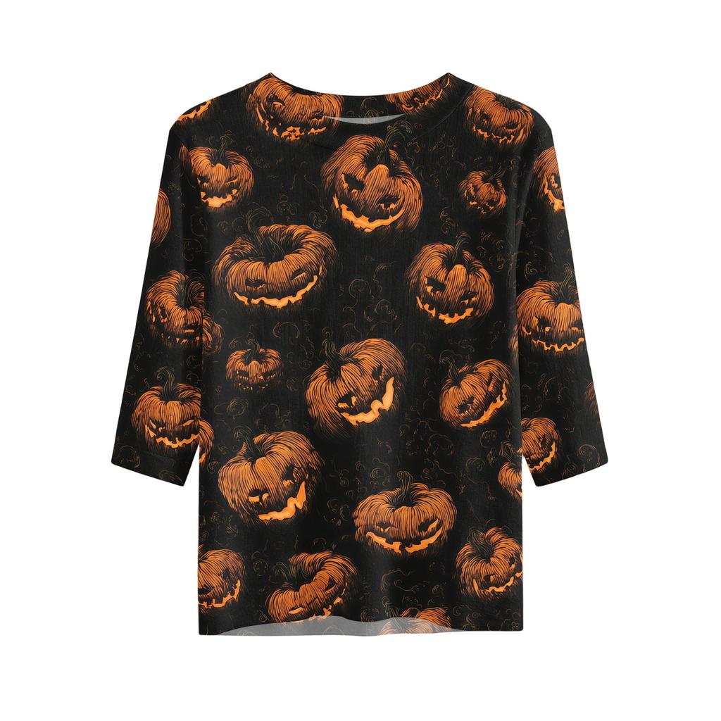 Women's Casual Loose Fit Half Sleeve Top Round Neck Lightweight Comfortable Shirt with Pumpkin Print Suitable for Everyday Wear