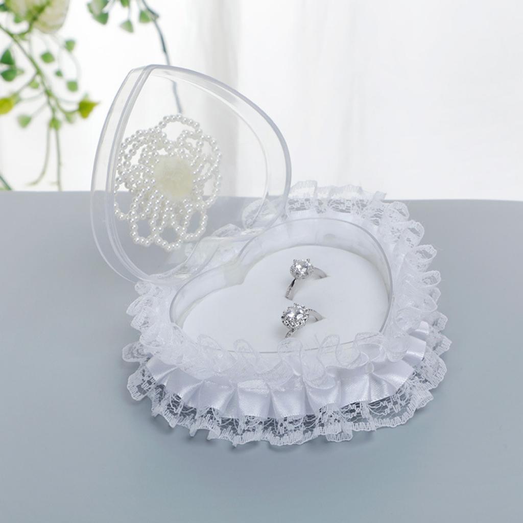 Wedding Ring Pillow Heart Box, White Romantic Lace Pearl Ring Box Holder with Ribbon for Wedding Ceremony Ring Bearer