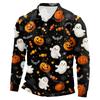 Herren Langarm Poloshirt Leichtes Atmungsaktives Netzgewebe Lässiges Hemd mit Knöpfen Halloween Geister-Aufdruck Design