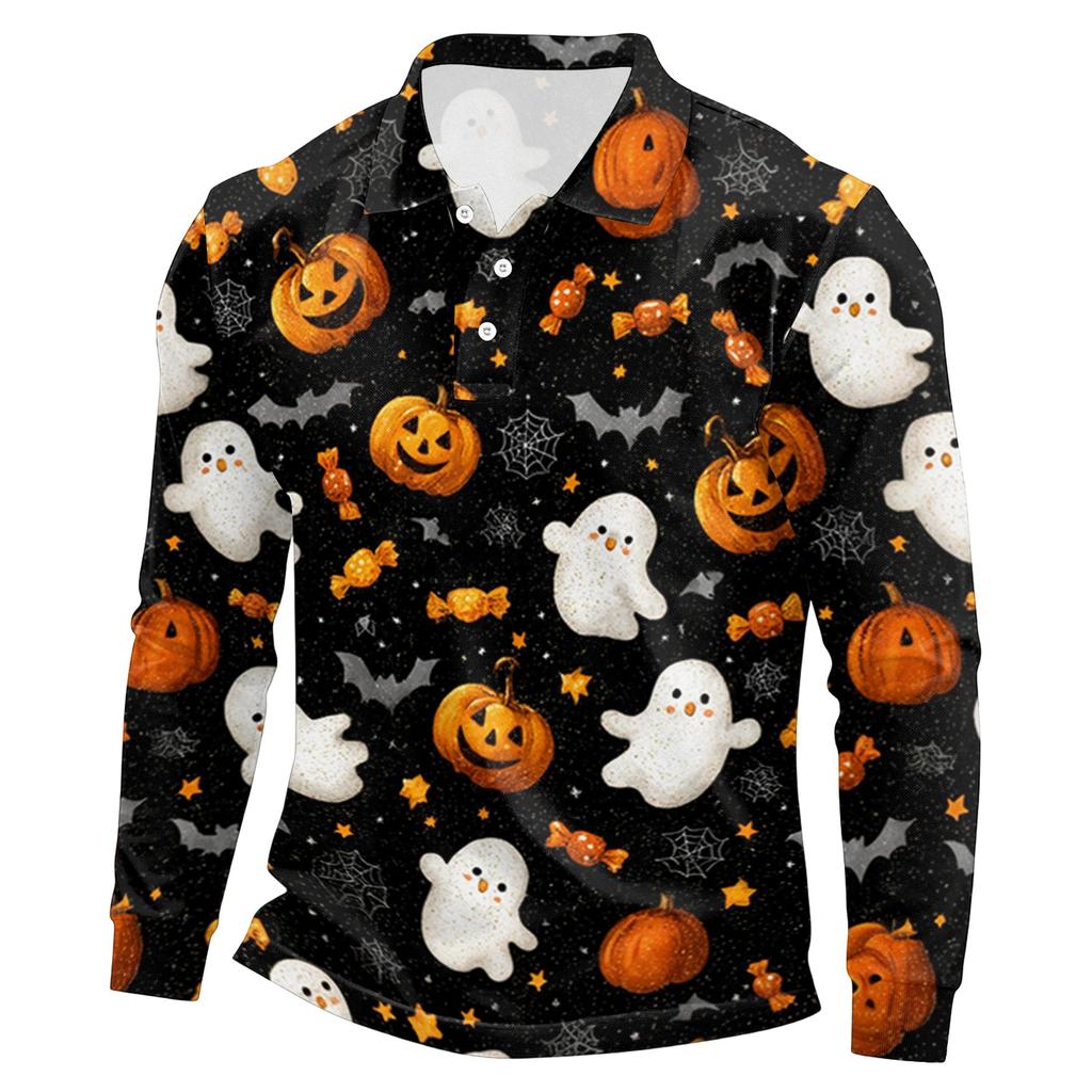 Herren Langarm Poloshirt Leichtes Atmungsaktives Netzgewebe Lässiges Hemd mit Knöpfen Halloween Geister-Aufdruck Design
