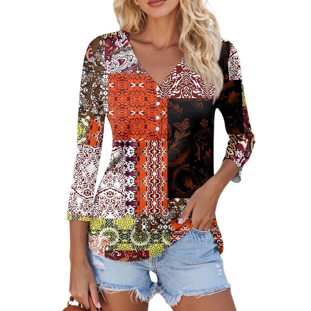 Women's Casual Fashion Sexy Comfortable V-Neck Button Floral Three-quarter Sleeve Top