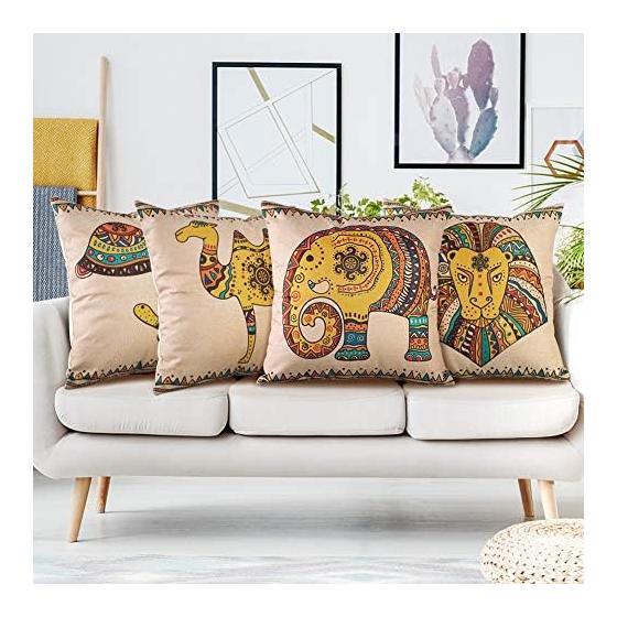 Otostar Cushion Cover Set of 4 Linen Material Stylish Cute Print Modern Design with Hidden Zipper for Interior Home Decoration Decorative Pillow