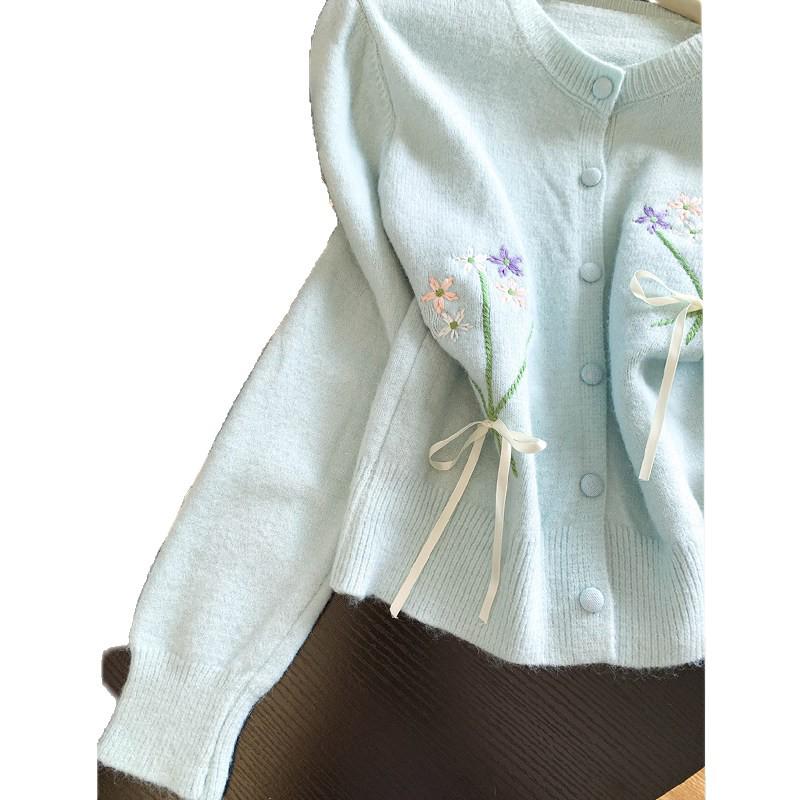 Women's Blue Floral Knit Cardigan - Round Neck, Bow Tie, Lace-Up Details, Elegant Early Autumn Style