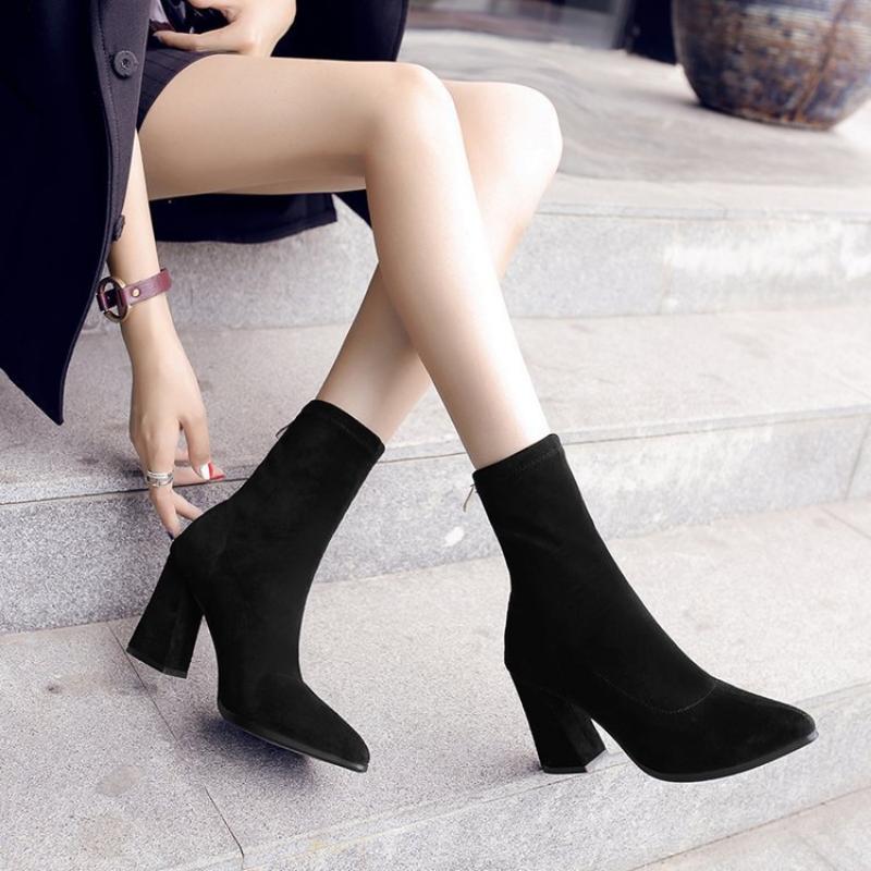 Winter New Thick Heel Suede Pointed Shoes Women'S Warm Fashion High Heels Sexy Versatile Short Boots Botte Femme