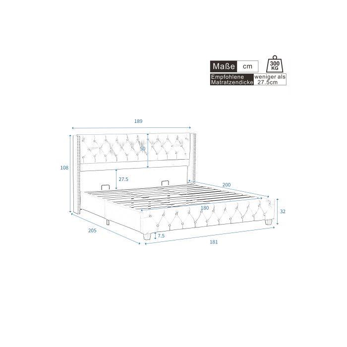 Lit - MUVOE - 180x200 cm - Rembourré en velours - Tête de lit avec rivets - 2 places