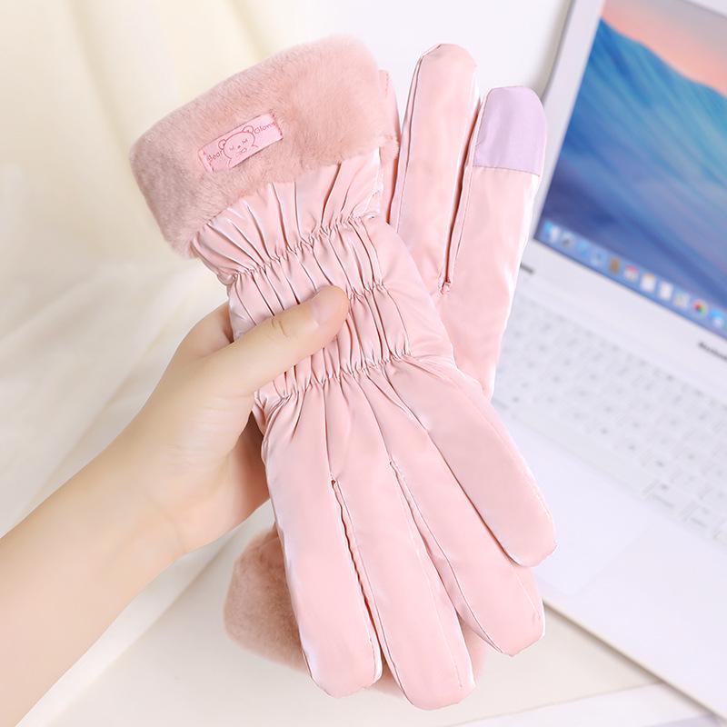 Women's Fleece-Lined Winter Cycling Gloves - Korean Style, Cute, Warm, Water-Repellent for Outdoor Use