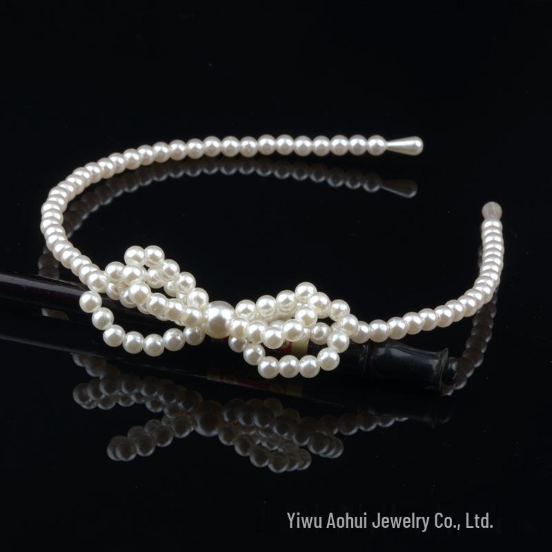 Handwoven Faux Pearl Headband & Bow Hair Clip Set for Brides