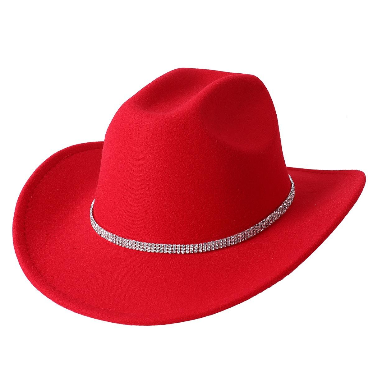 

Glitter Cowboy Hat Classic Western Rhinestone Cowgirl Hat Outdoor Wide Brim Retro Felt Fedora Hats Rolled up Caps 56-58cm красный