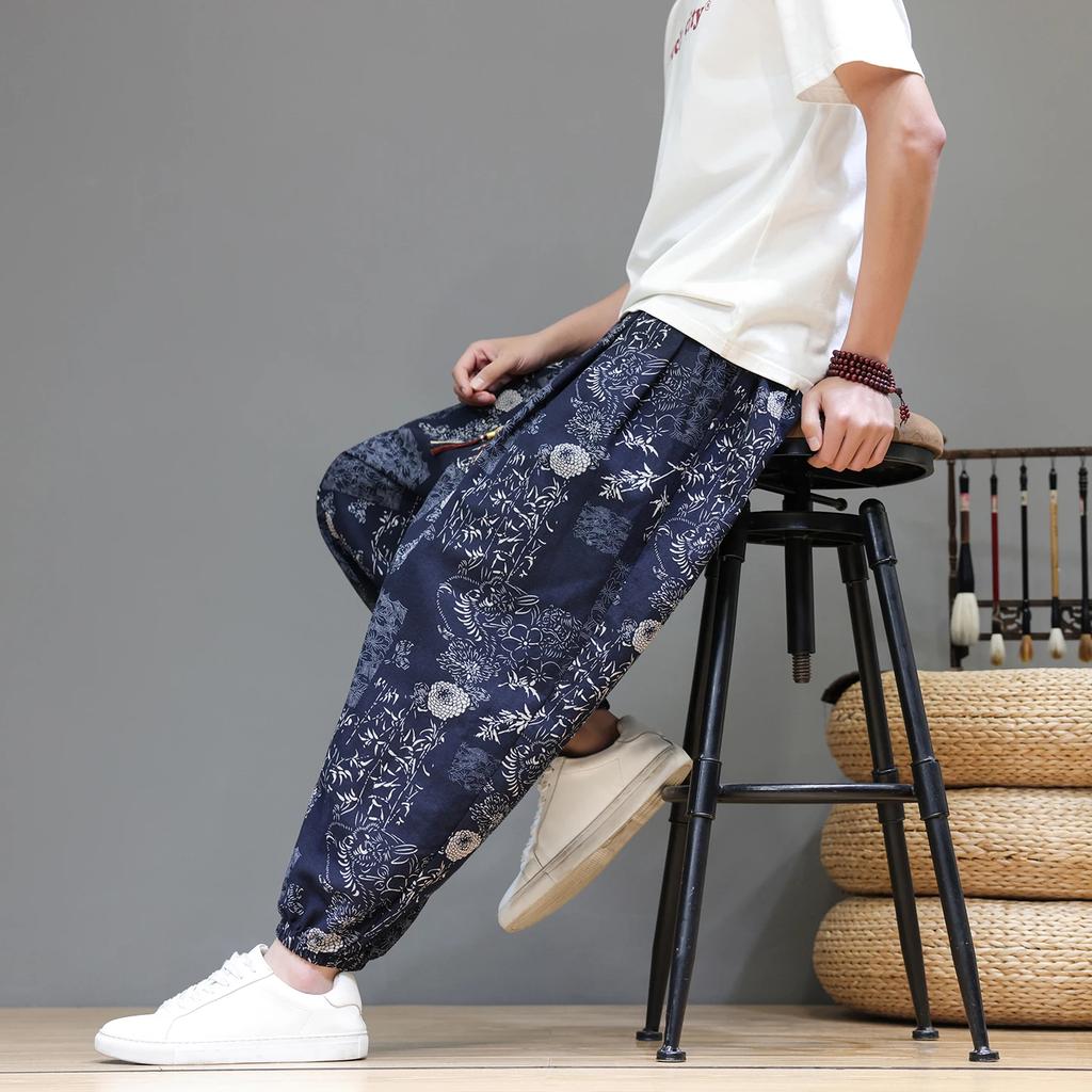 2026 Summer Men Casual Print Baggy Pants Men Chinese Style Vintage Harem Pants Male Streewear Wide Leg Pants Male Hanfu Trousers