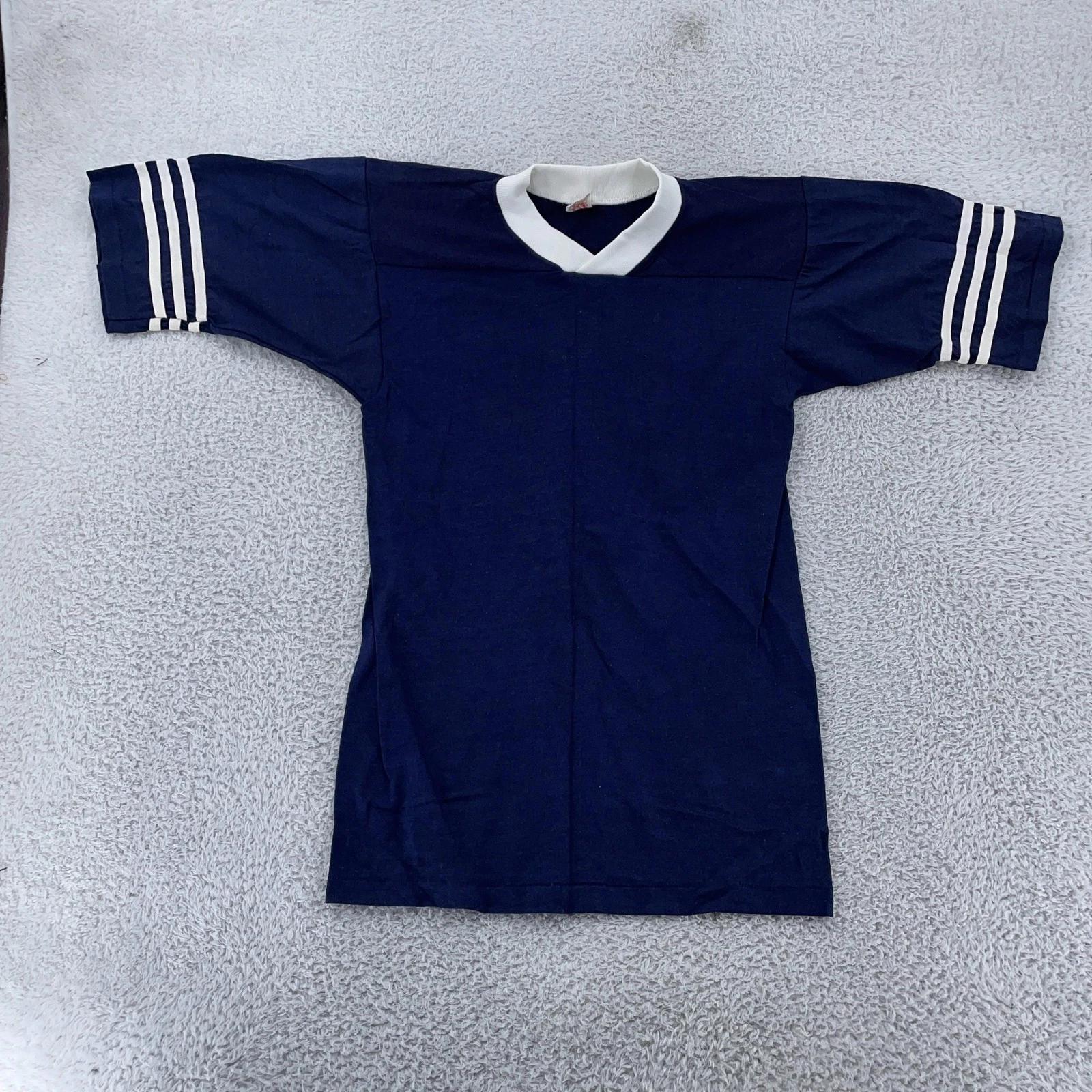 Vtg 70s Blank Jersey Ringer Shirt 2XS Navy White Stripes V Neck Tee 4XL