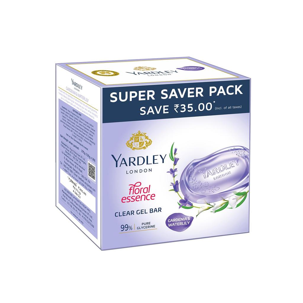 Yardley London Przezroczyste Żelowe Mydło Gardenia i Lilia Wodna z Gliceryną dla Miękkiej Gładkiej Skóry Delikatna Kąpiel Luksusowe 125G X 3N