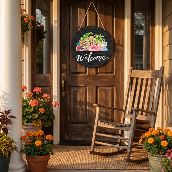 Decorative Wooden Door Sign Interchangeable Seasonal Welcome for Front Door, 12 Inch Round Wood Hanging Housewarming Gift For New Home with