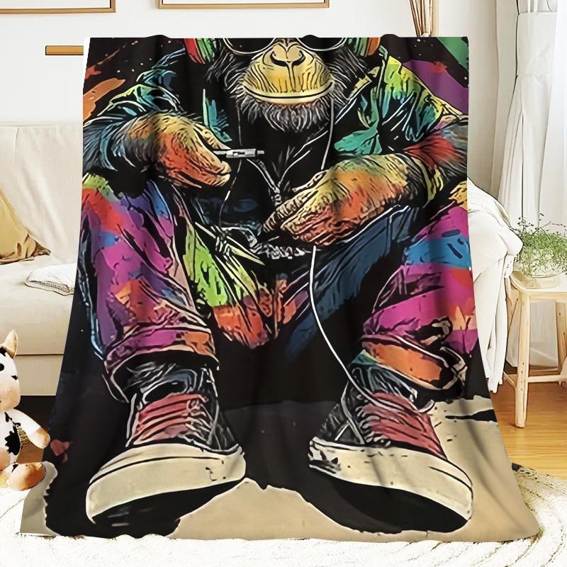1Pc Retro 80S Pop Culture Blanket - Soft Throw With Neon Graffiti Monkey & Headphones Design - All-Season Couch, Bed, Travel,