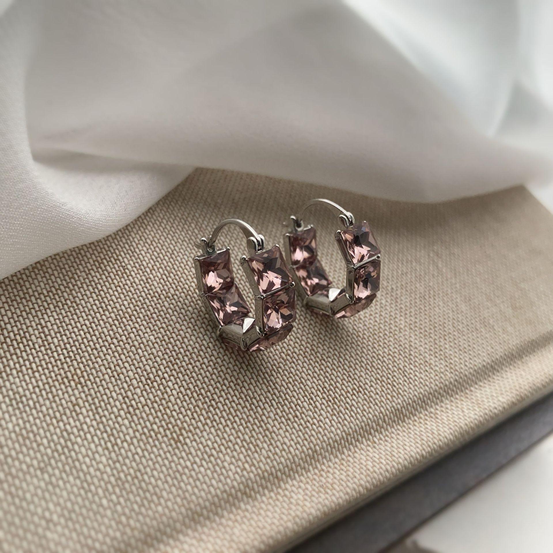 Korean retro square earrings new trendy temperament pink purple glass high-end light luxury personalized earrings