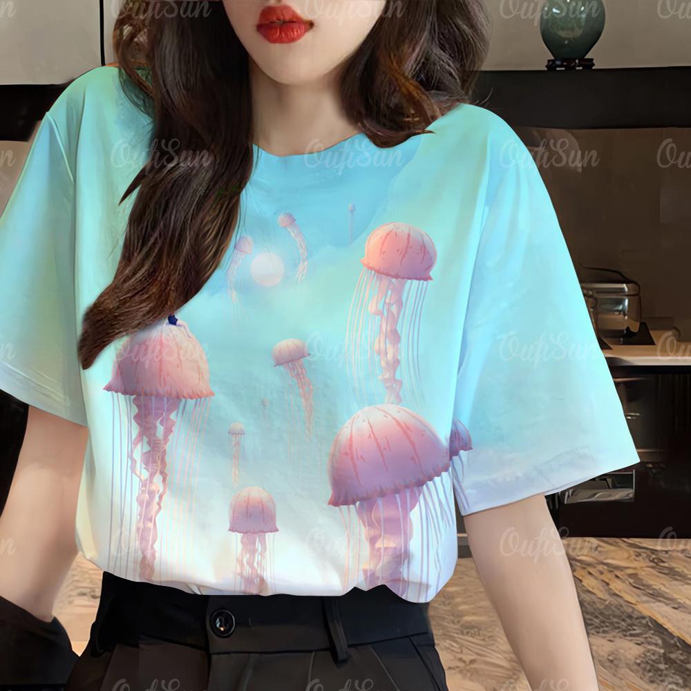Modny T-shirt damski z krótkim rękawem z okrągłym dekoltem na co dzień 2024 z nadrukiem zwierząt morskich, koszulka plus size, damski letni luźny T-shirt