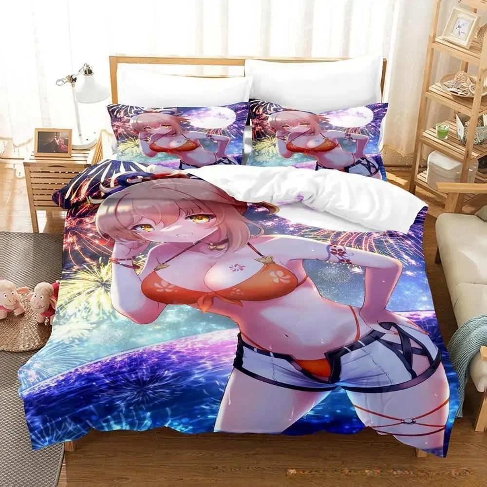 Game Yoimiya Genshin Impact Bedding Set Cartoon Anime Three-piece Set Adult Kid Bedroom Duvet Cover Sets 3D Kawaii Girls