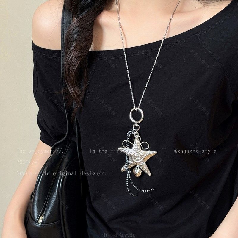 Vintage Spice Girl Silver Starfish Necklace Seaside Long Pentagram Necklace Sweet Cool Fashion Exaggerated Sweater Chain