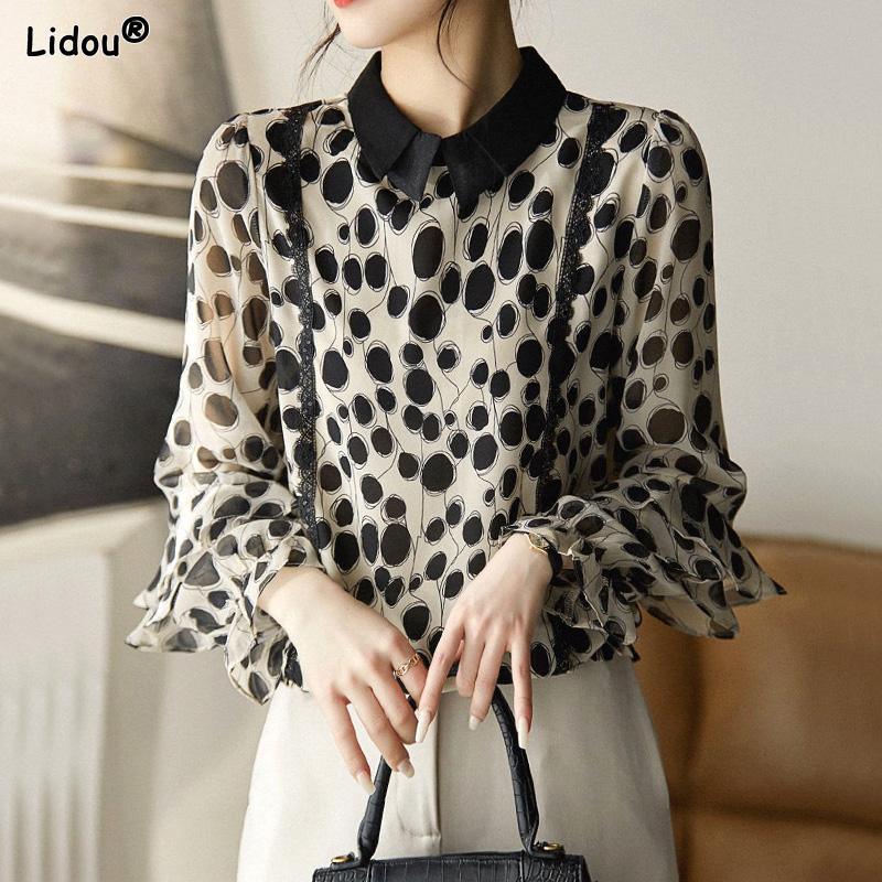 

Пэчворк Рюши Горошек Графический Отложной Воротник Расклешенный Рукав Пуловеры Женская Одежда Свободные Весенне-Летние Тонкие Топы XXXL бежевый