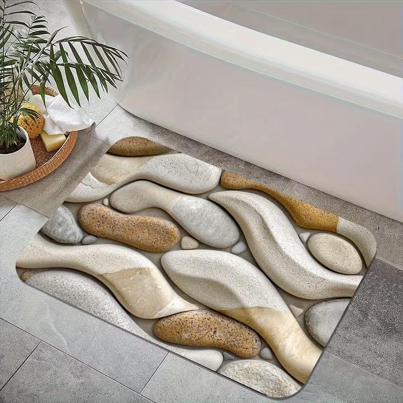 Realistischer Kopfsteinpflaster-Druck Rutschfeste Fußmatte Natur-inspirierte Flussstein-Design-Teppich Zen-Spa Heimdekoration Teppich für Eingangsbereich