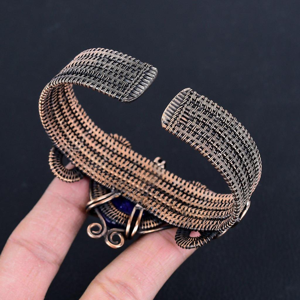 Blue Sapphire Bangle, Handmade Gemstone Bangle, 999 Copper Wire Wrapped Antique Jewelry, For Engagement Gift