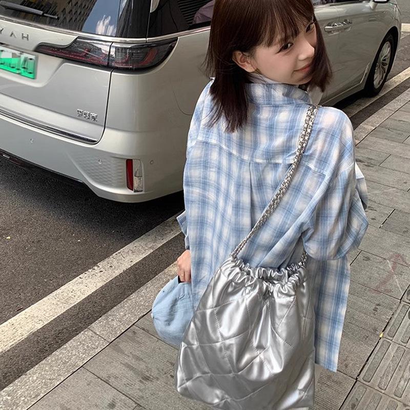 

Женская синяя клетчатая хлопково-льняная куртка-рубашка - Весенне-осенний ленивый стиль, защита от солнца, трендовый топ. S