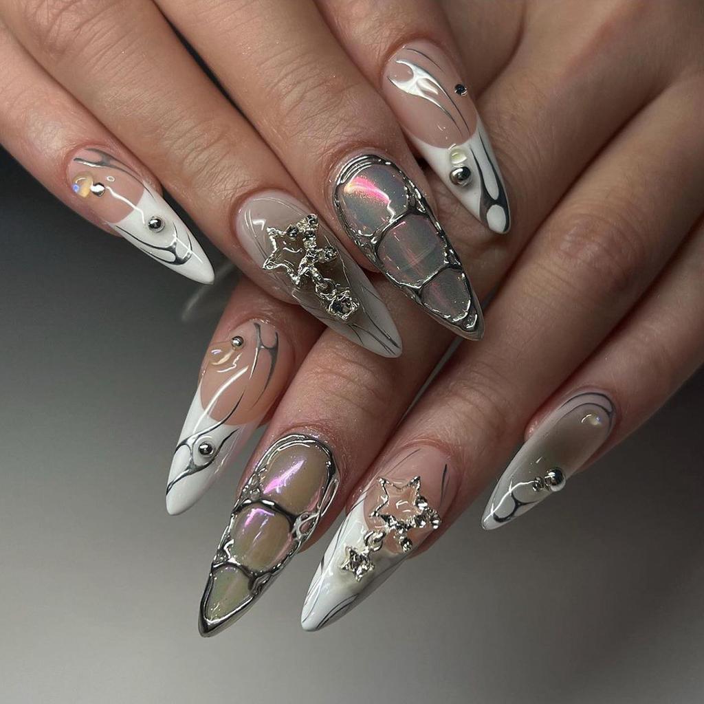 24Pcs Pink Glossy Almond French Press On Nails Y2K Metal Star Charm Sweet Cool Fake Nails
