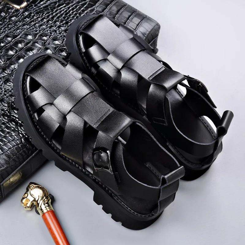 Fashion Big Size Cow Leather Roman Sandals for Men 2025 Summer Designer Hallow Out Platform Shoes Male Fashion Casual Black Sandals Man