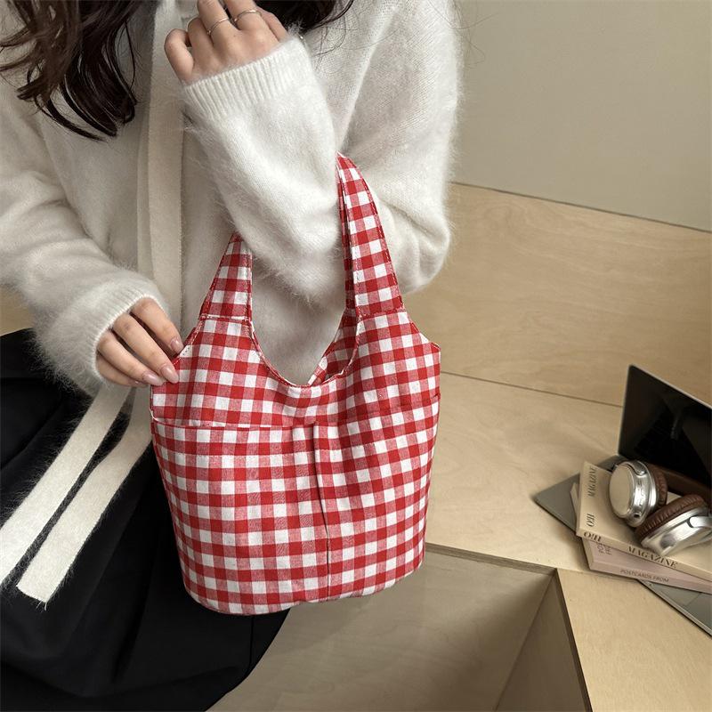 Retro Korean Plaid Large Capacity Canvas Tote Bag - Early Spring 2026 Edition