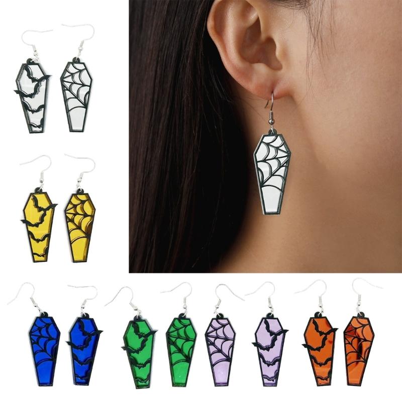 Gothic Lightwight Earring Acrylic Spiderweb Coffin Stud Earrings Eye Catching Hollow Bat Earrings Ornaments Women Girl