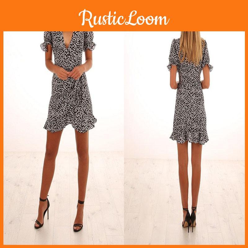 Elegant Summer V-neck Short Sleeve Dress For Women With Chic Floral Print Design