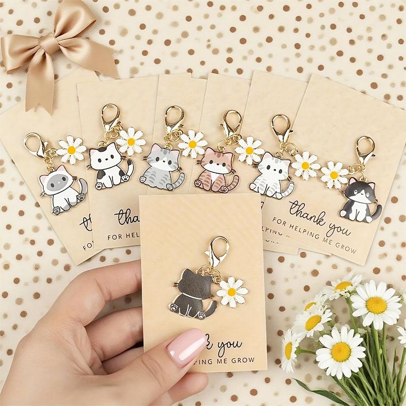 1/8pcs Cat & Daisy Cute Keychain Cartoon Handbag Pendants for Women Girls Key Ring Bag Charm
