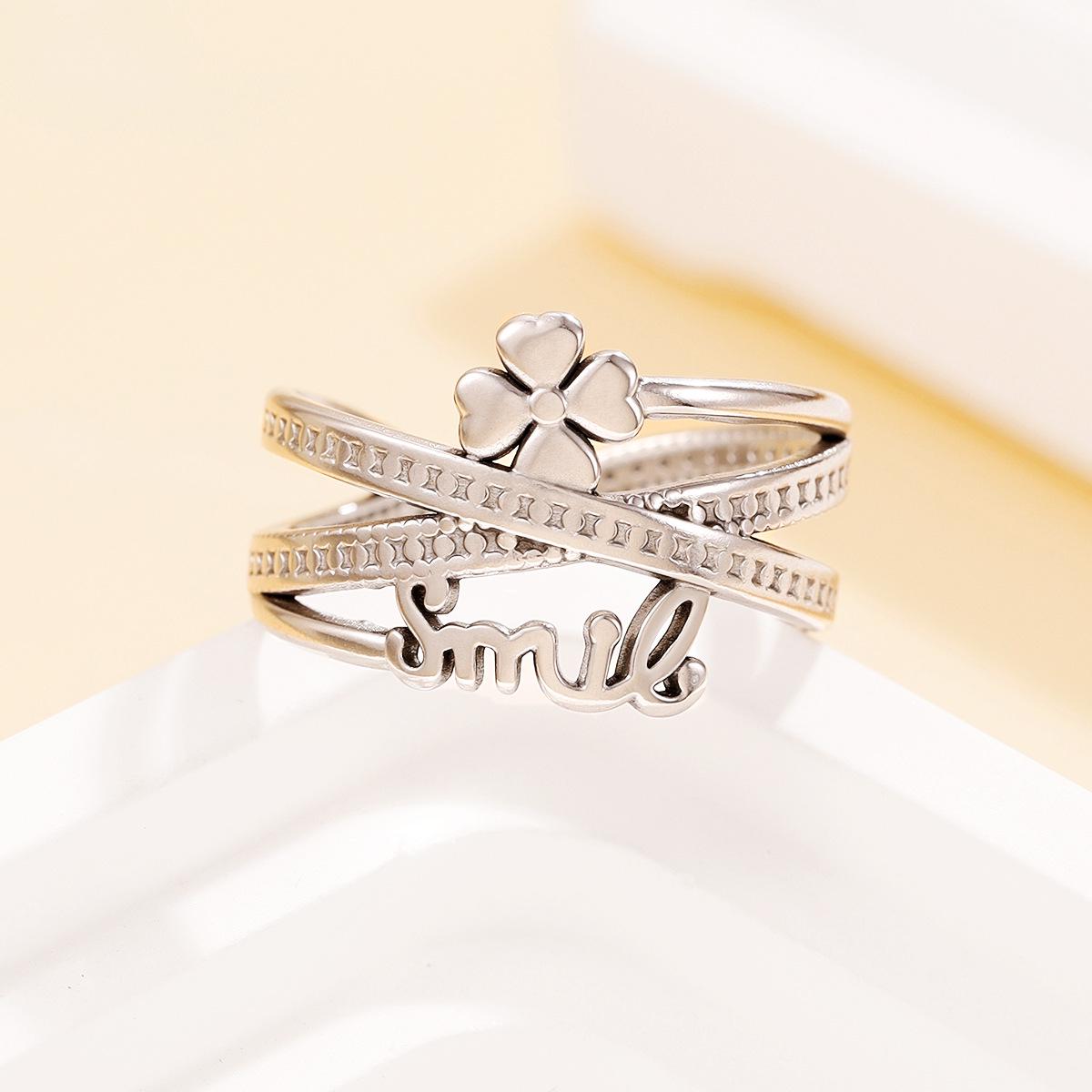 Elegant French Four-Leaf Clover Stainless Steel Open Ring for Women
