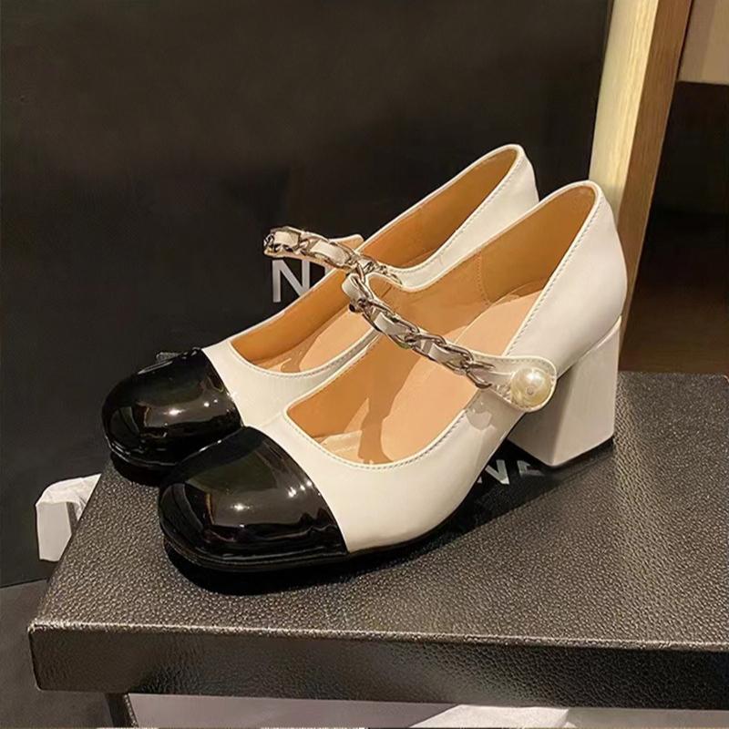 2025 New Tweed Patchwork Mary Jane Shoes for Women - Chic Pearl Embellished Chunky Heel High-Heel Single Shoes
