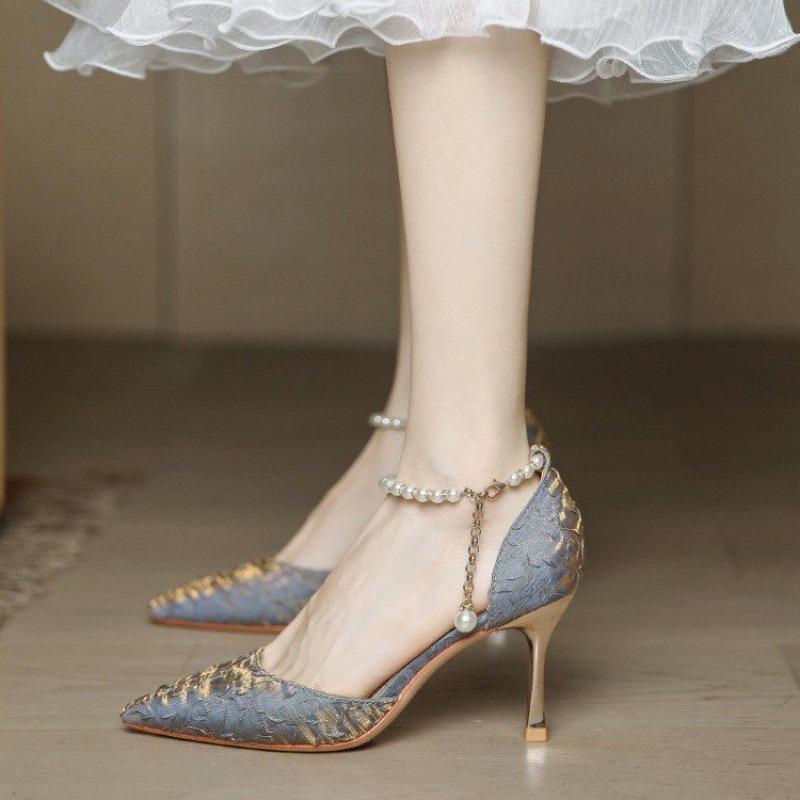 Mode 2024 Neue Mode Perlenriemen High Heels Damen Stilettoabsatz Spitze Pumps